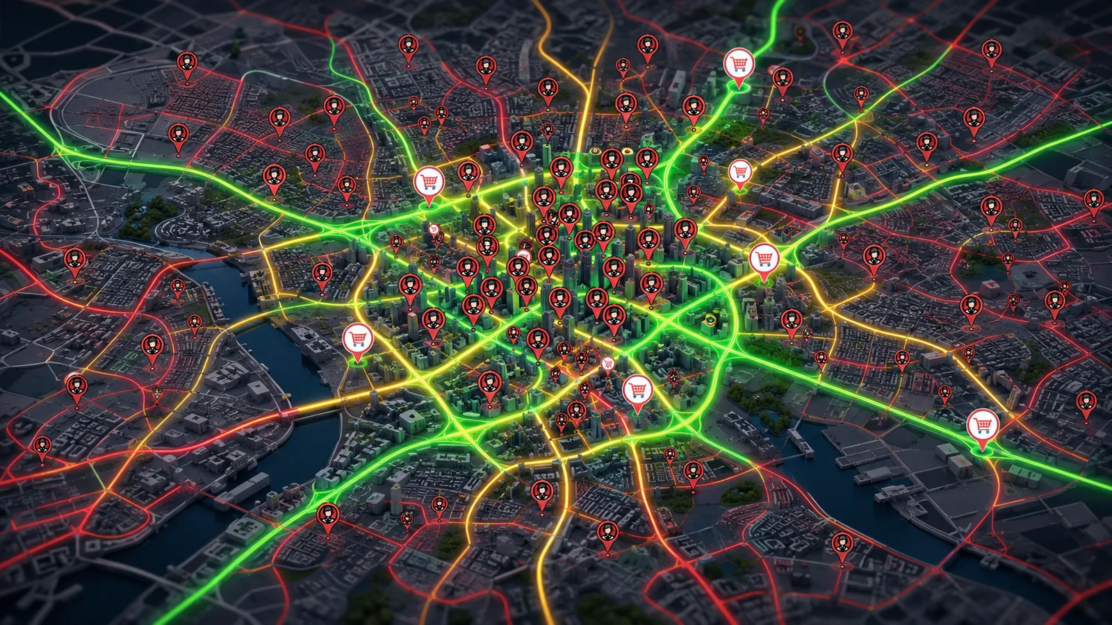 Mapa de la ciudad con clientes y puntos de venta sobre las vialidades de mayor flujo