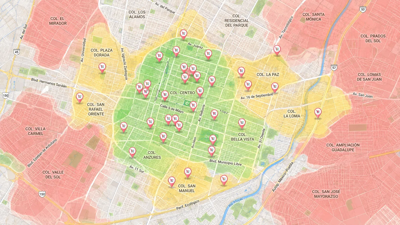 Mapa de calor por colonia que separa la zona atendida de la disponible